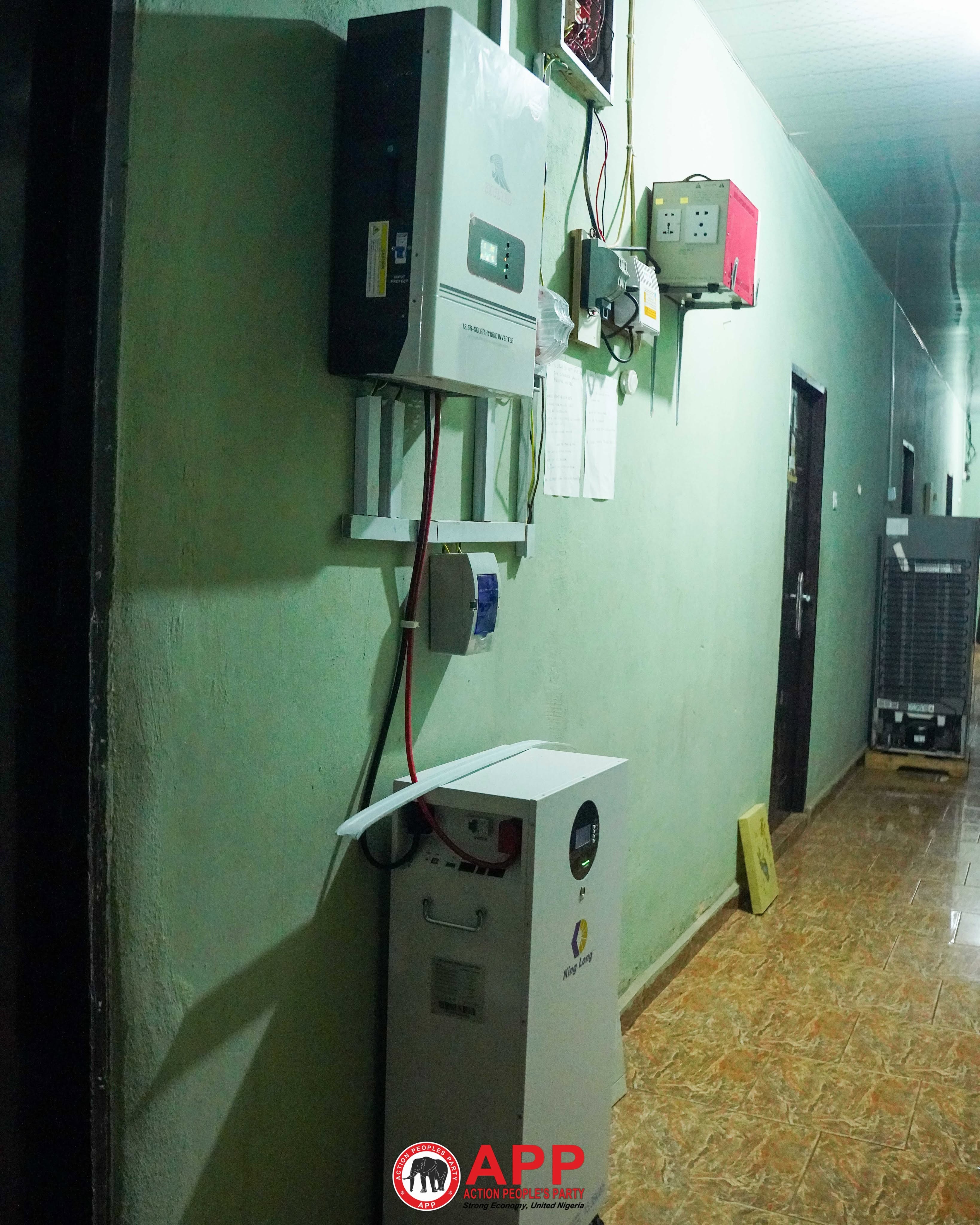 The solar hybrid inverter and battery bank now powering the convent
